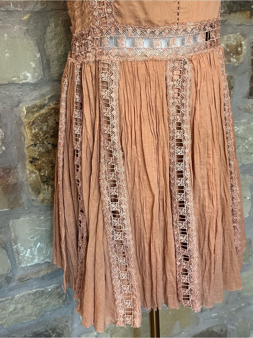 Free People NWT Camel Lace Trim Mini Dress Size L Boho Cottagecore Festival - Picture 3 of 7